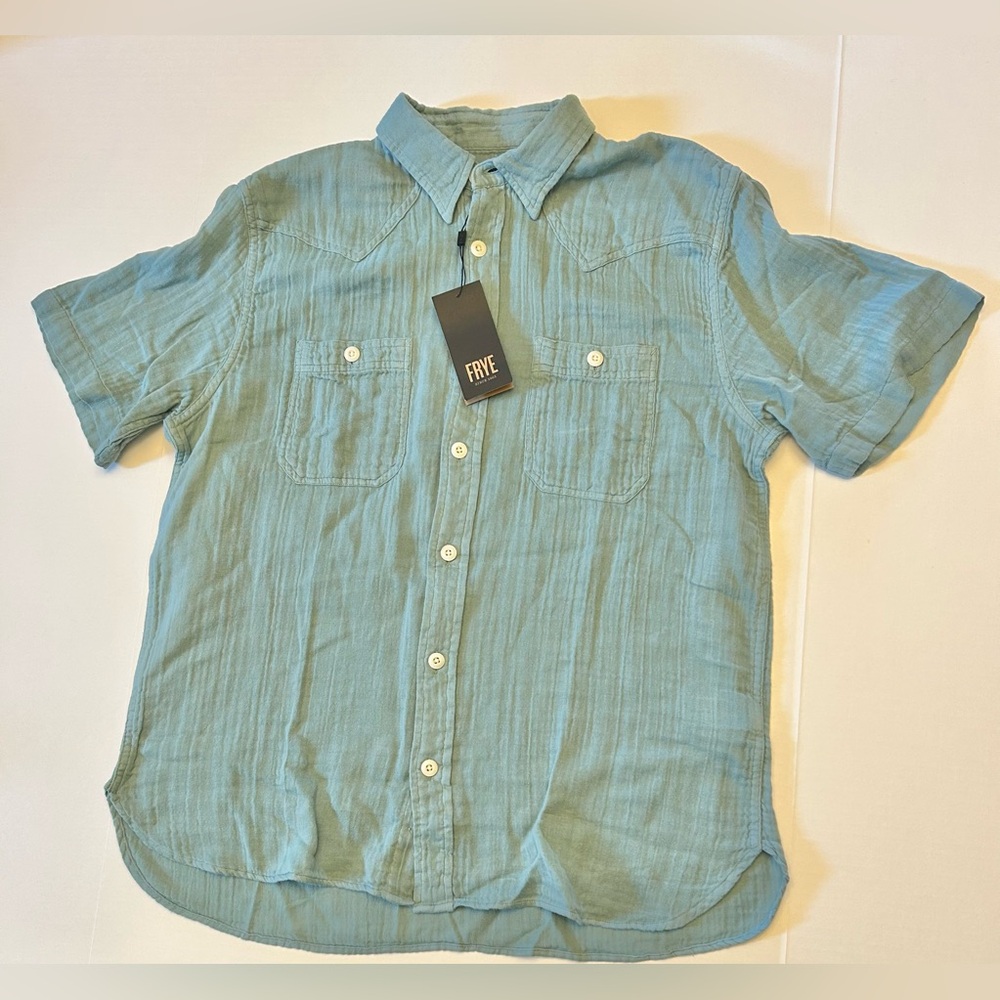 Frye Mens Size Medium Stone Blue Button Front Short Sleeve 100% Cotton Shirt NEW